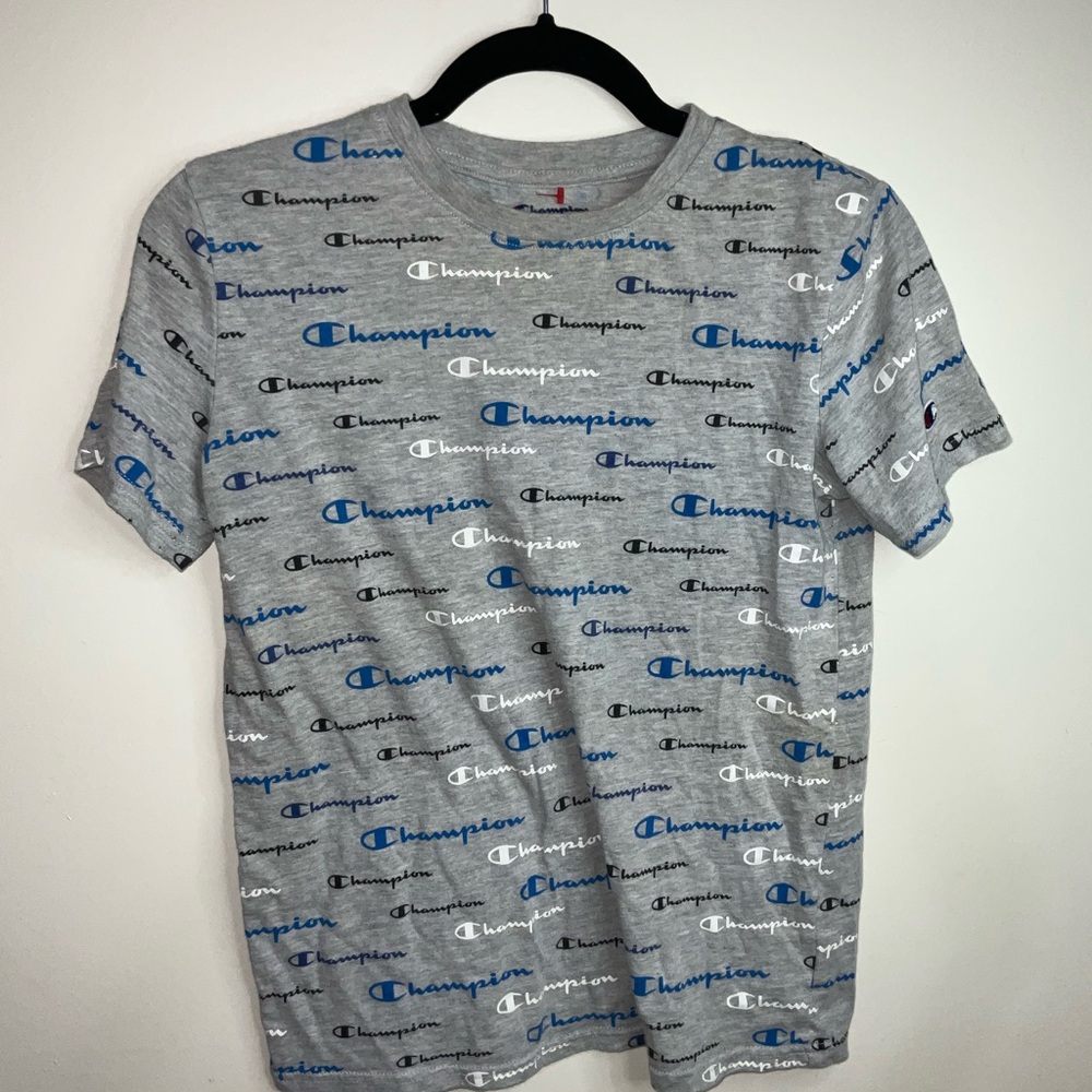 Champion Boys Large Gray Tee with Blue Logo Pattern